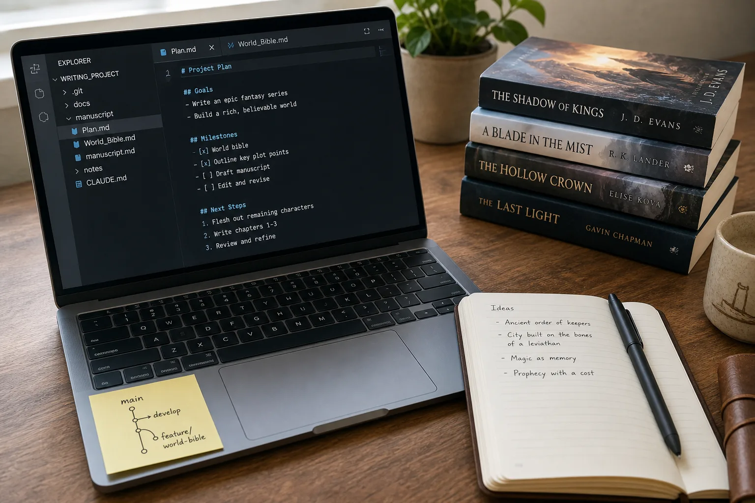 Desk with markdown manuscript, CLAUDE.md notes, git, and a stack of books