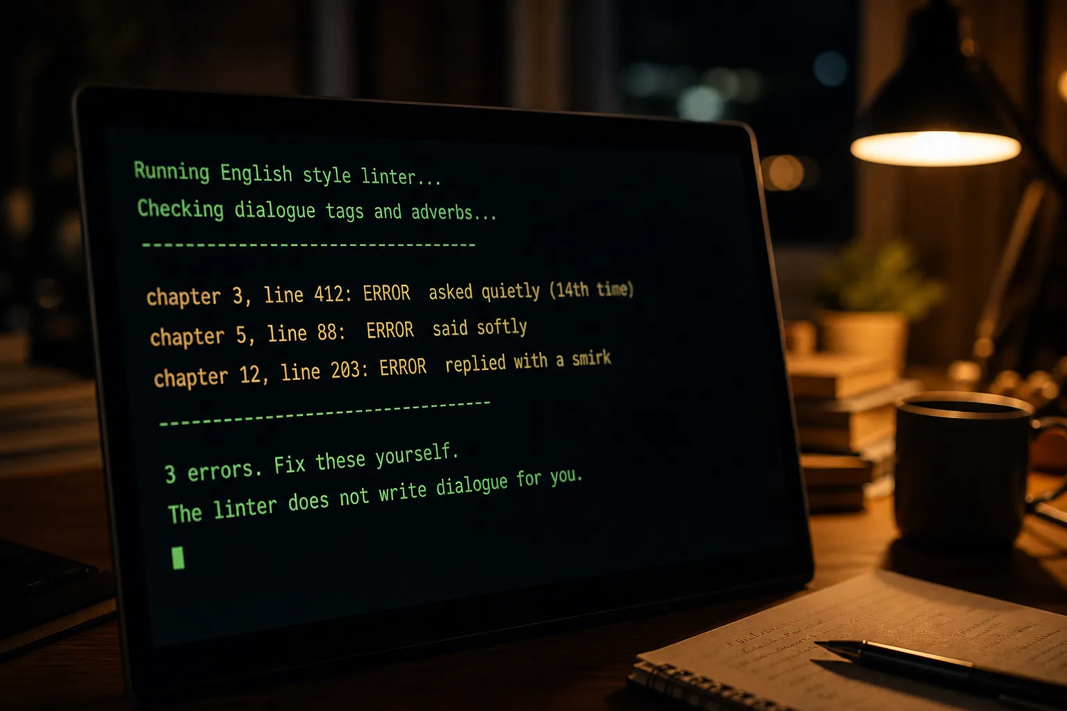 Terminal showing style lint hits for repeated quiet dialogue tags